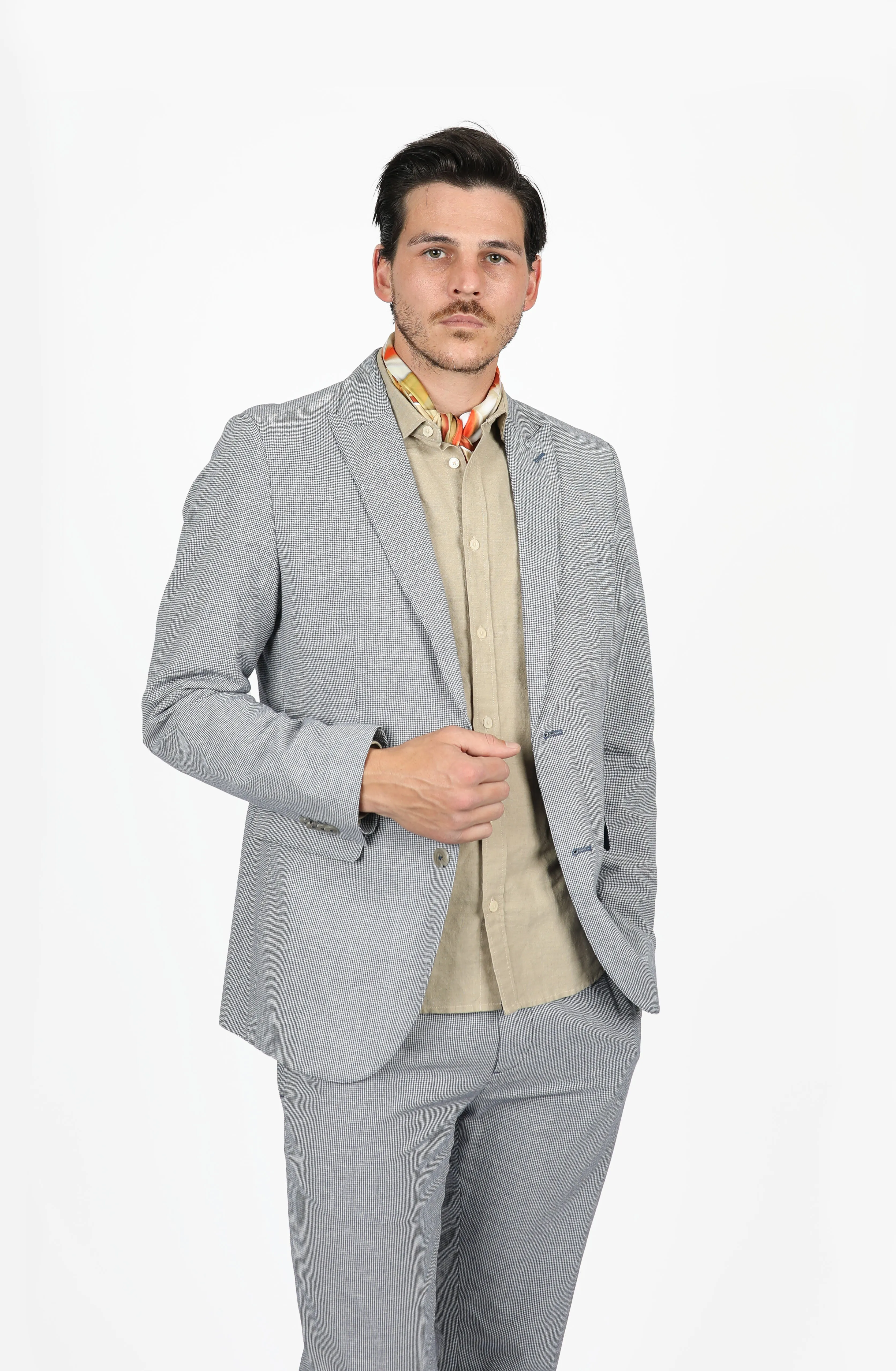 Blue Linen Peak Lapel Houndstooth Blazer