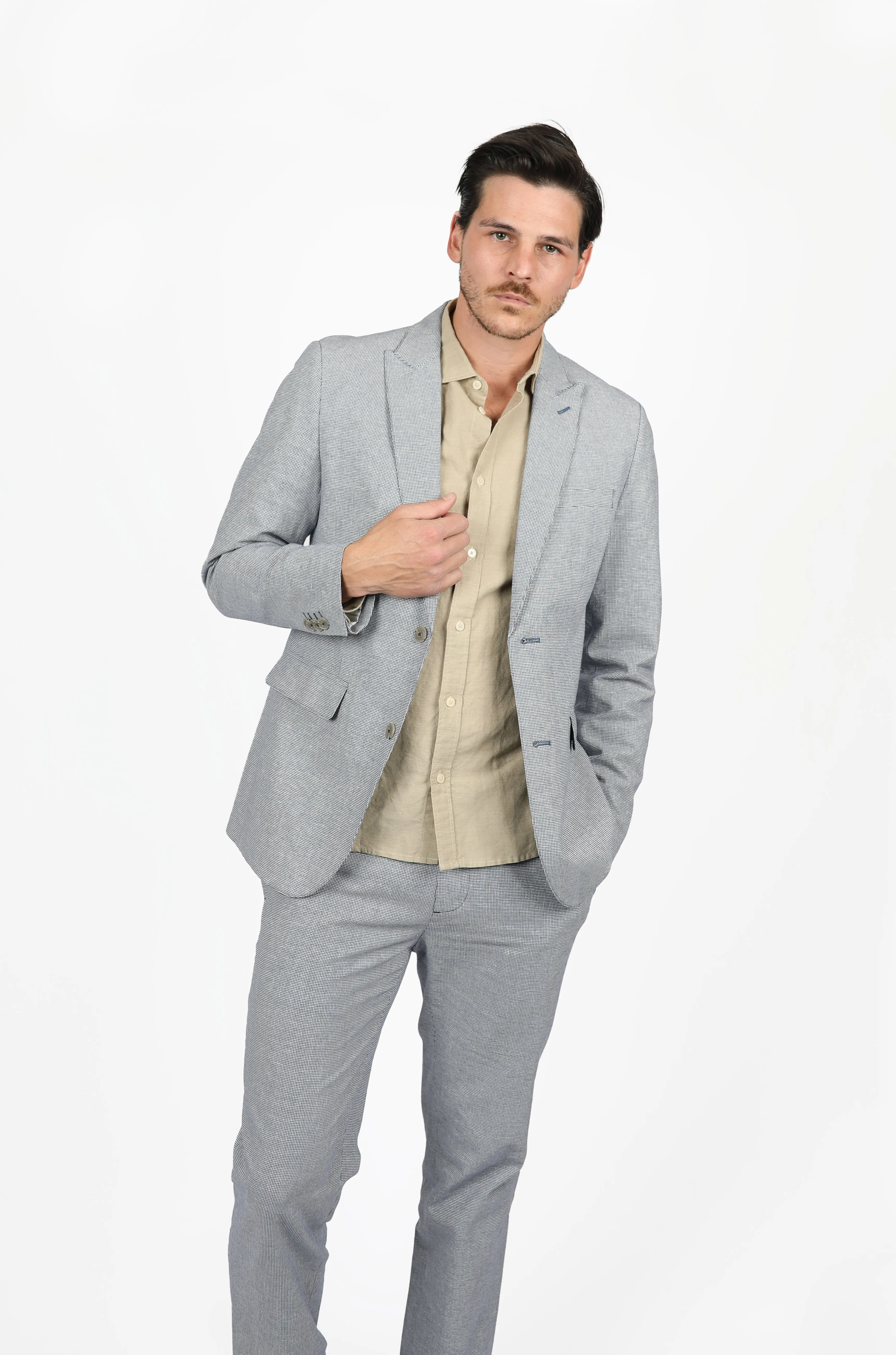 Blue Linen Peak Lapel Houndstooth Blazer