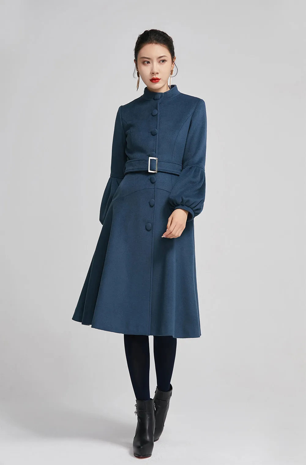 Blue women single breasted winter warm coat with pockets 2261