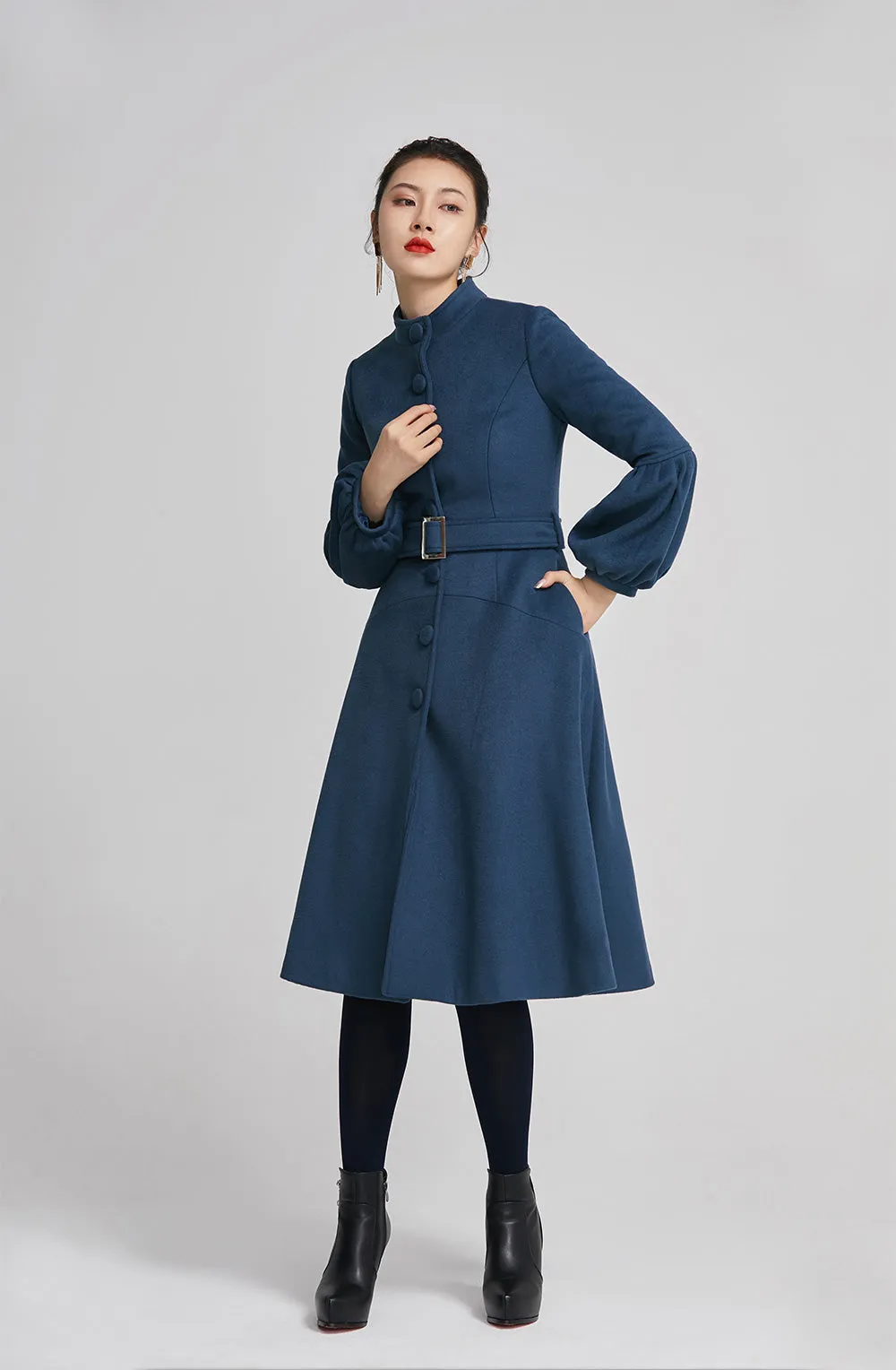 Blue women single breasted winter warm coat with pockets 2261