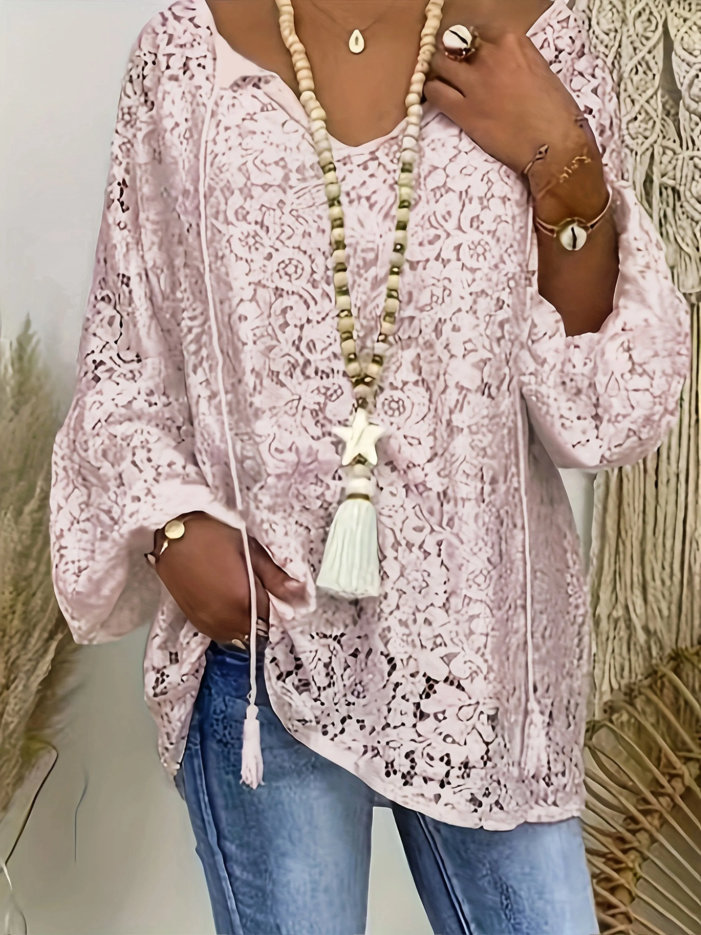 Bohochic Plus Size Tunic with Lace Sleeves  Tassel Trim