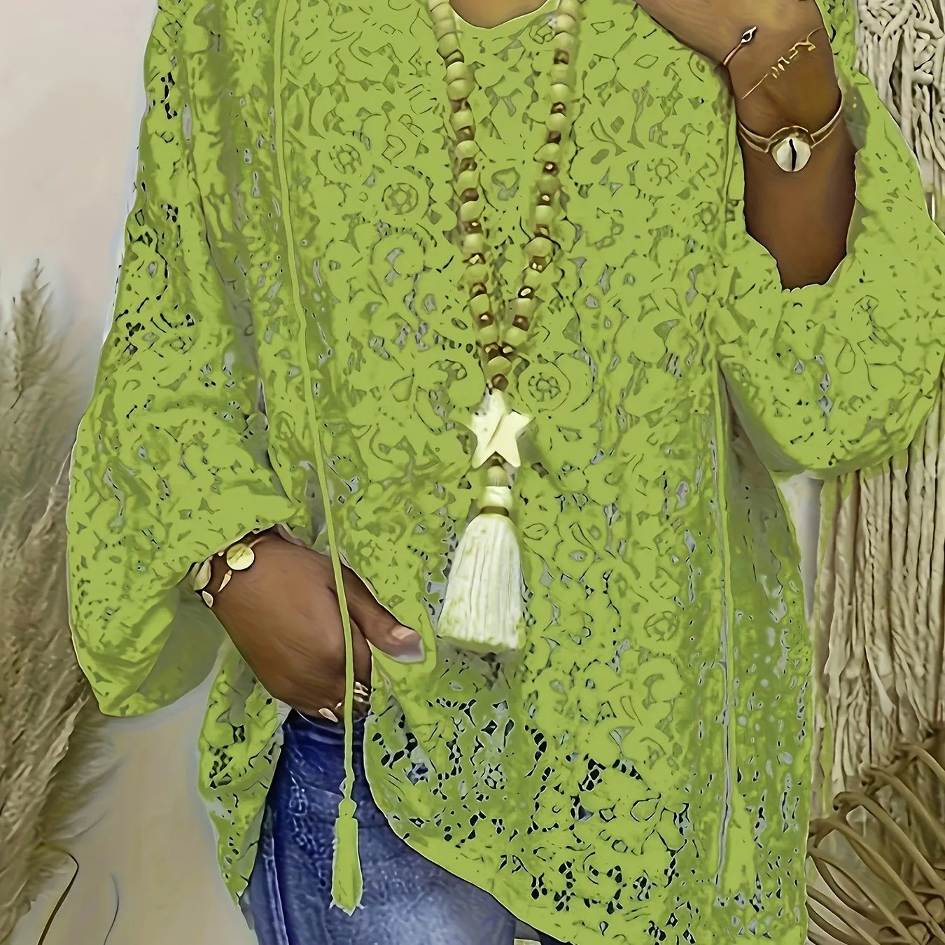 Bohochic Plus Size Tunic with Lace Sleeves  Tassel Trim