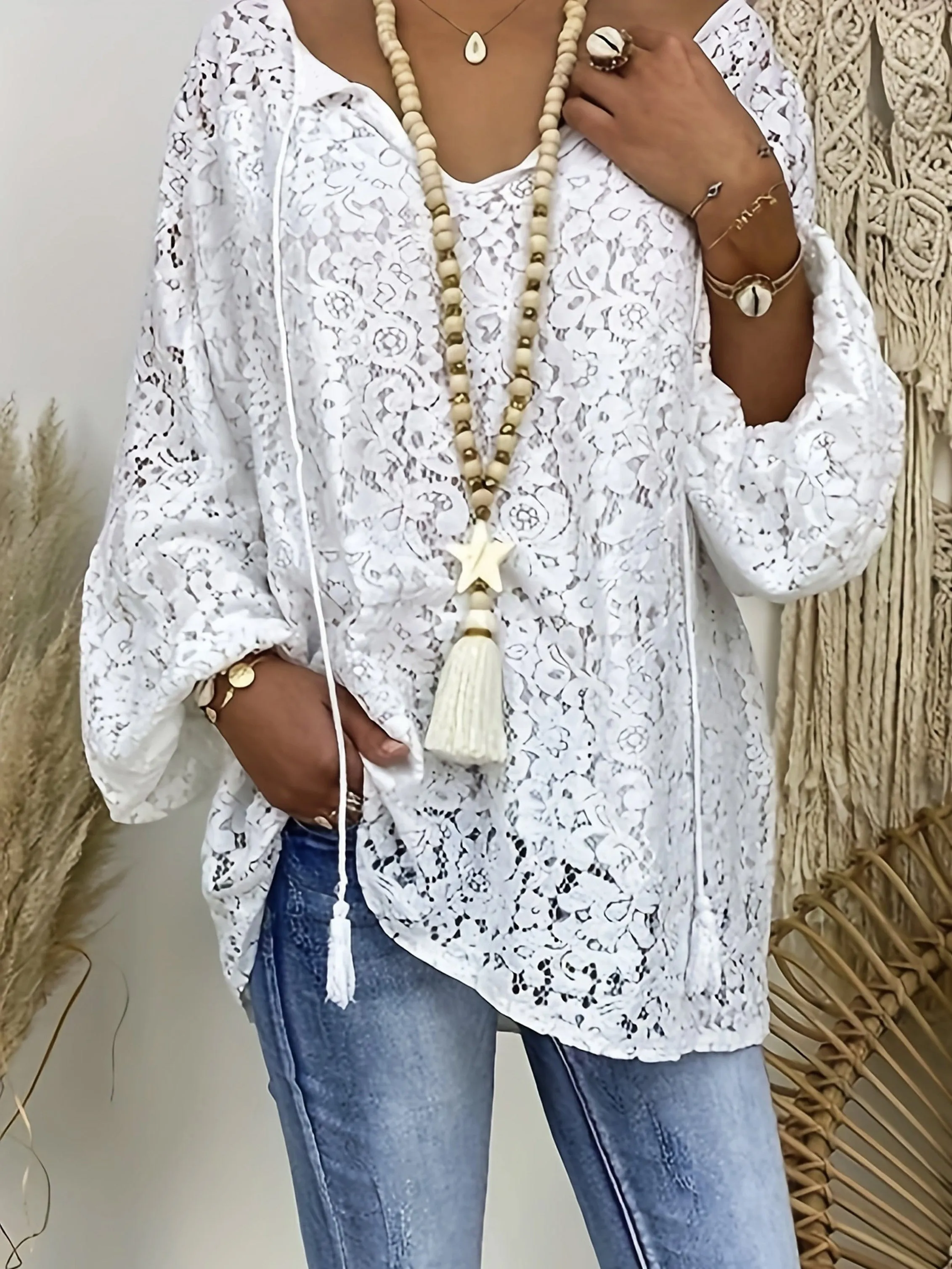 Bohochic Plus Size Tunic with Lace Sleeves  Tassel Trim