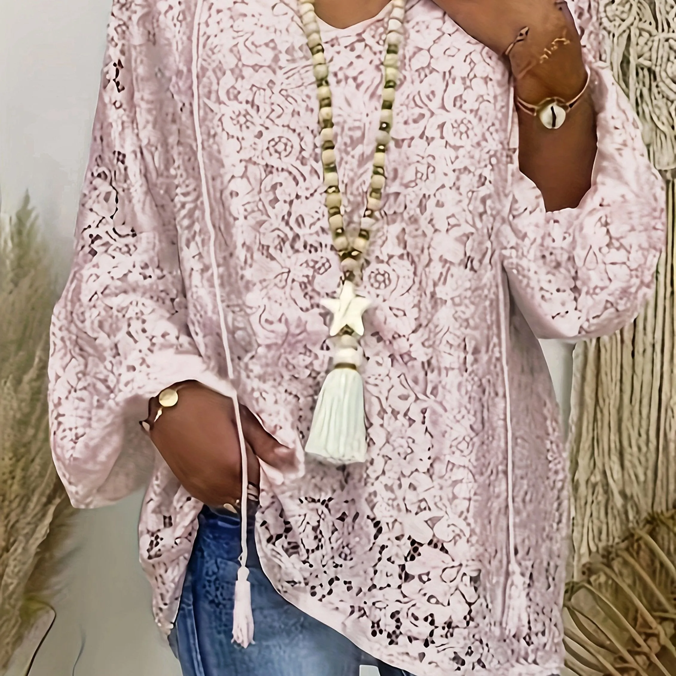 Bohochic Plus Size Tunic with Lace Sleeves  Tassel Trim