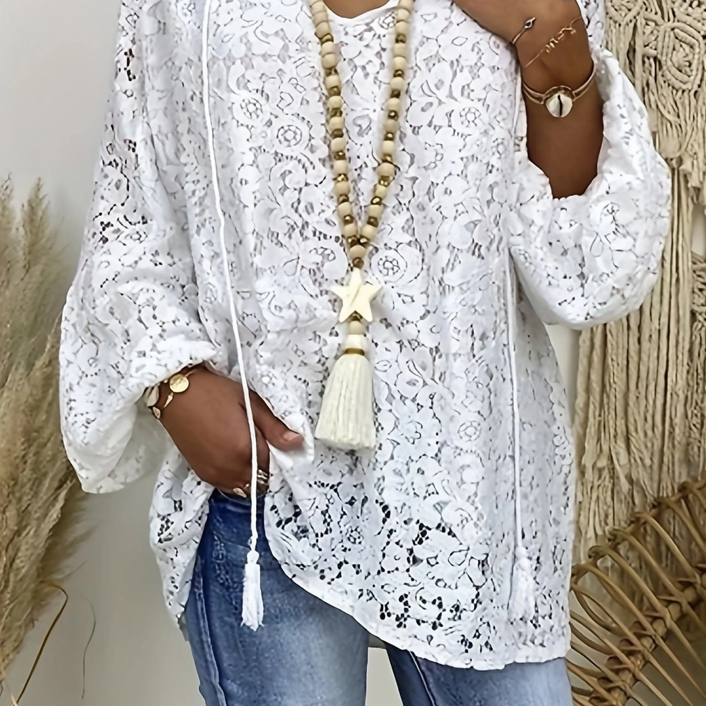 Bohochic Plus Size Tunic with Lace Sleeves  Tassel Trim