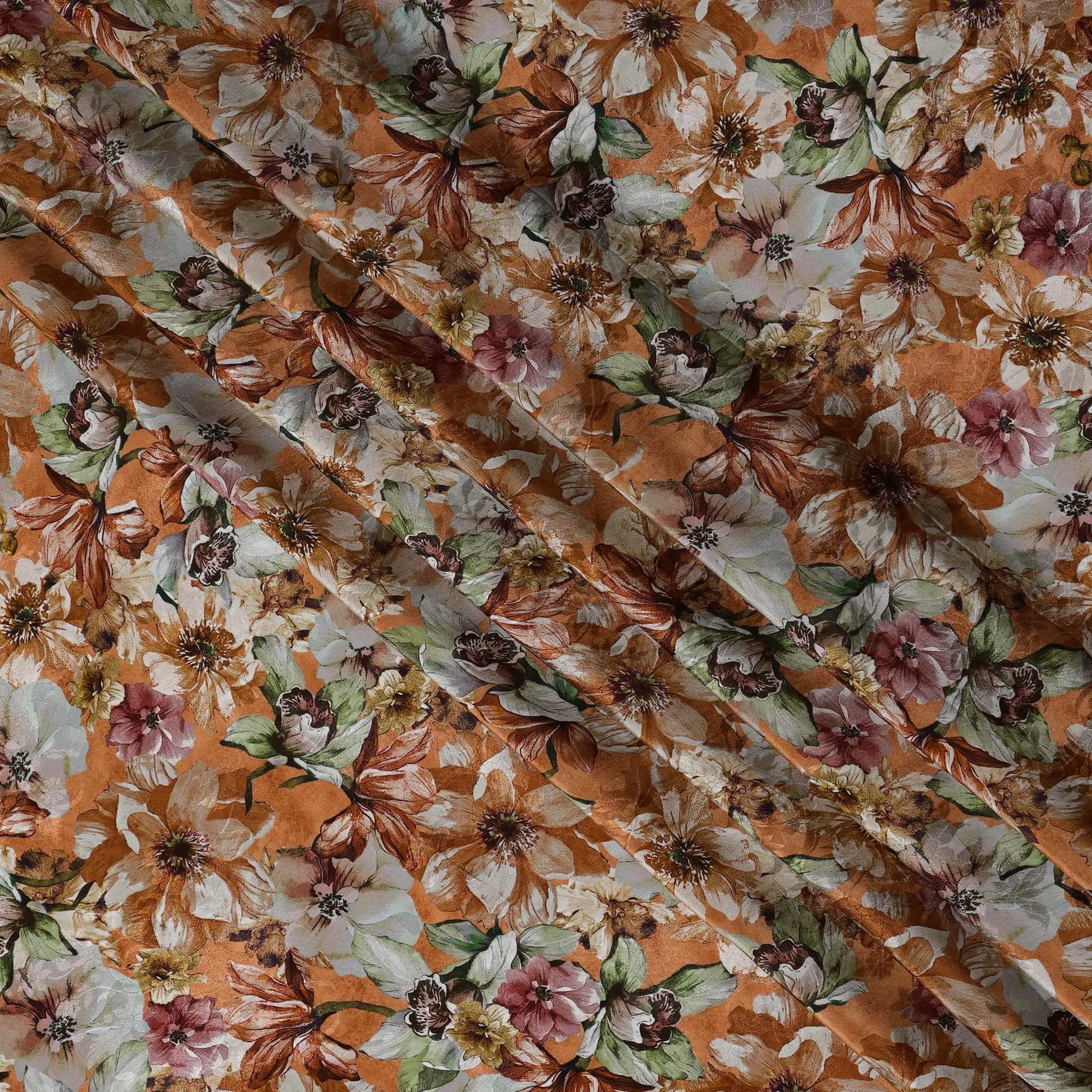 Burnt Orange Indian Viscose Modal Satin Fabric, Large Floral Print, 110 cm Width-D20939