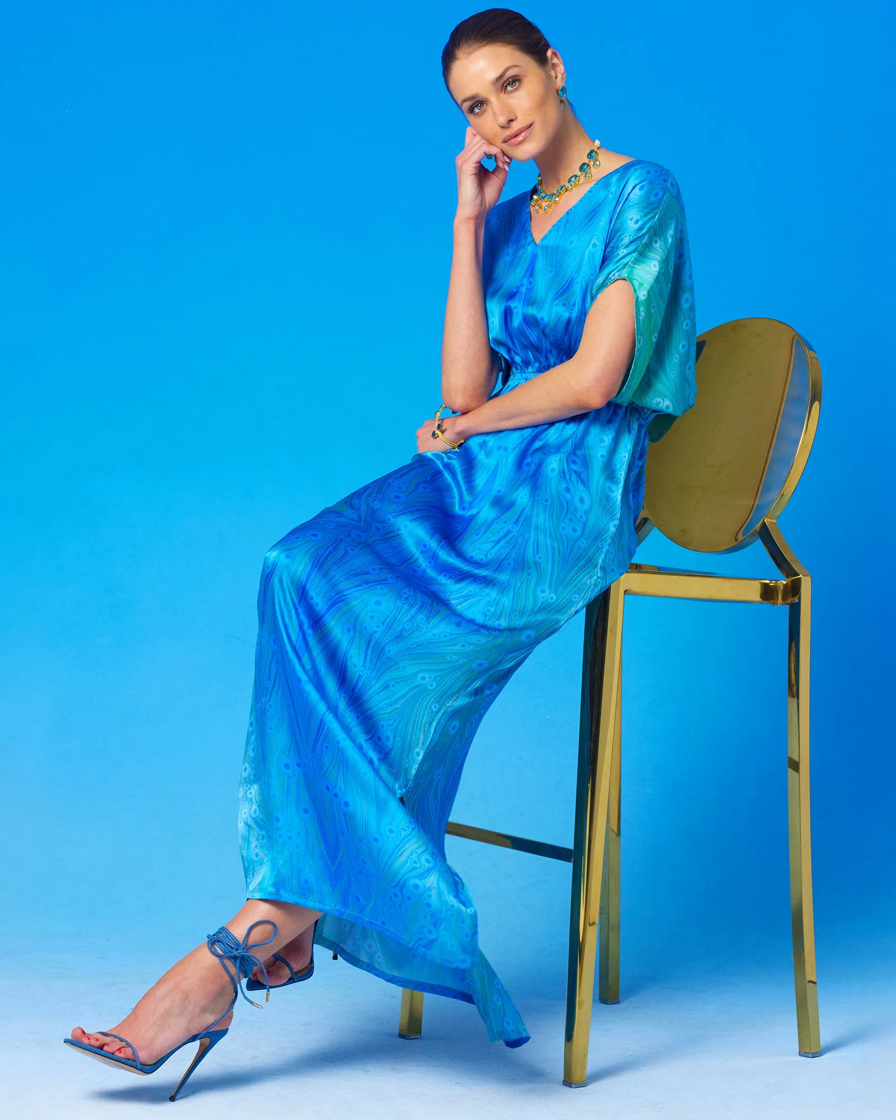 Calliope Long Silk Dress in Sea Nymph Blues