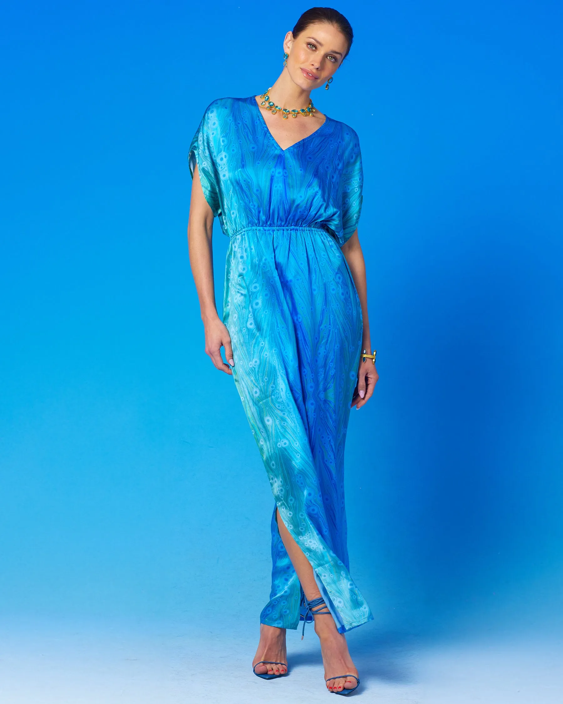 Calliope Long Silk Dress in Sea Nymph Blues