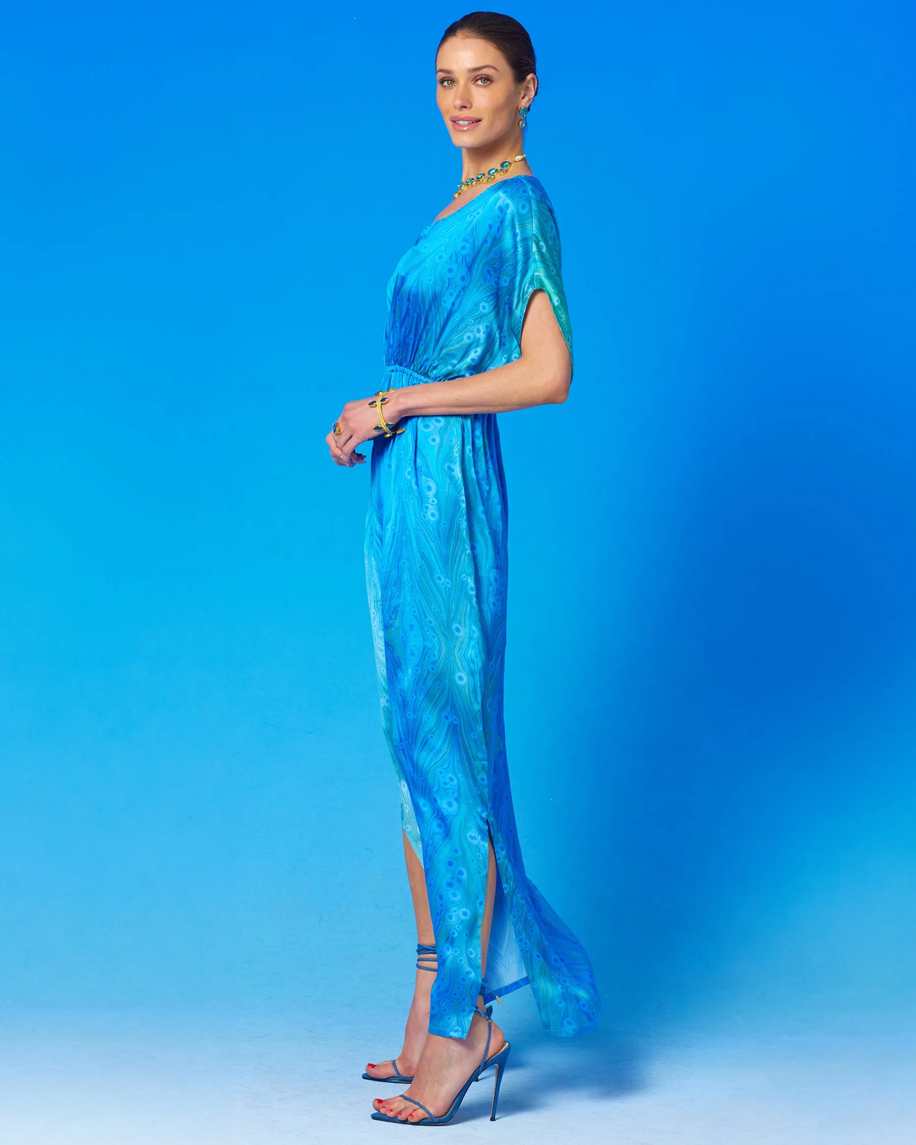 Calliope Long Silk Dress in Sea Nymph Blues