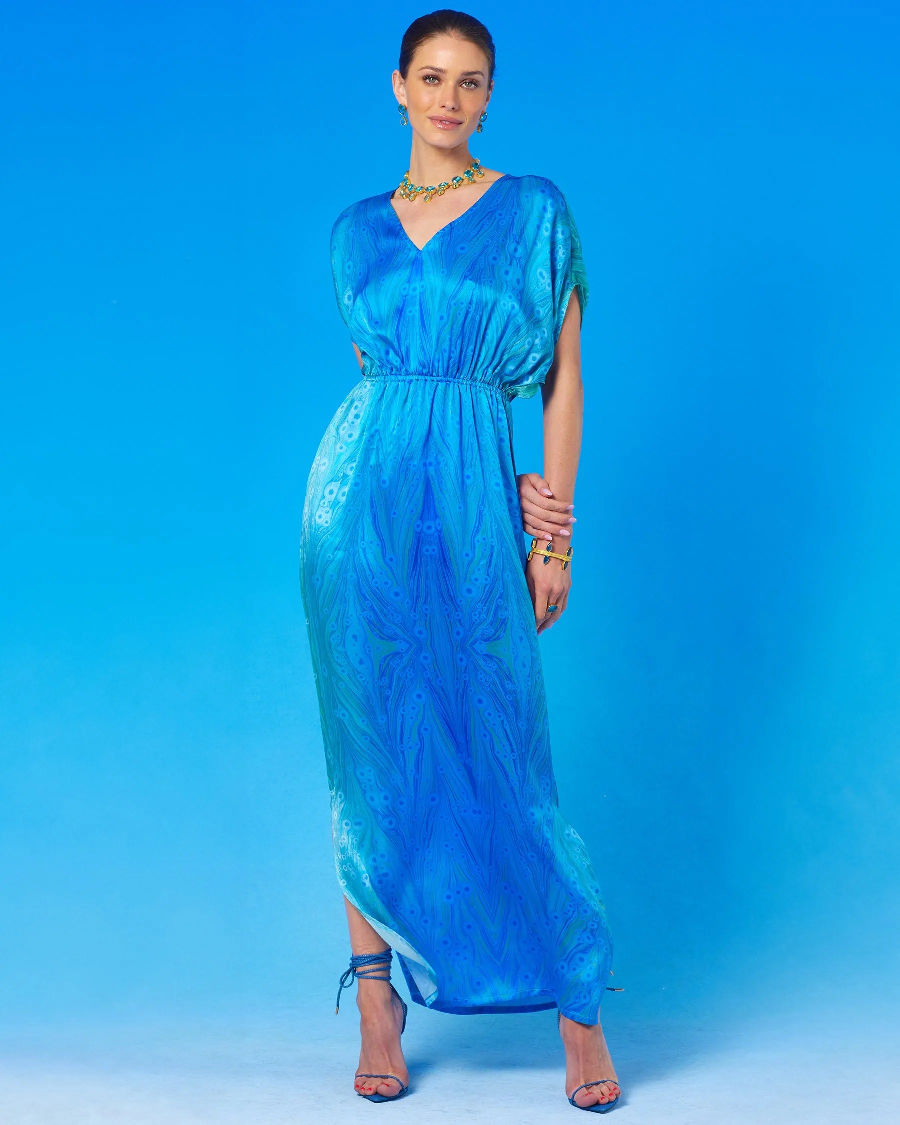 Calliope Long Silk Dress in Sea Nymph Blues