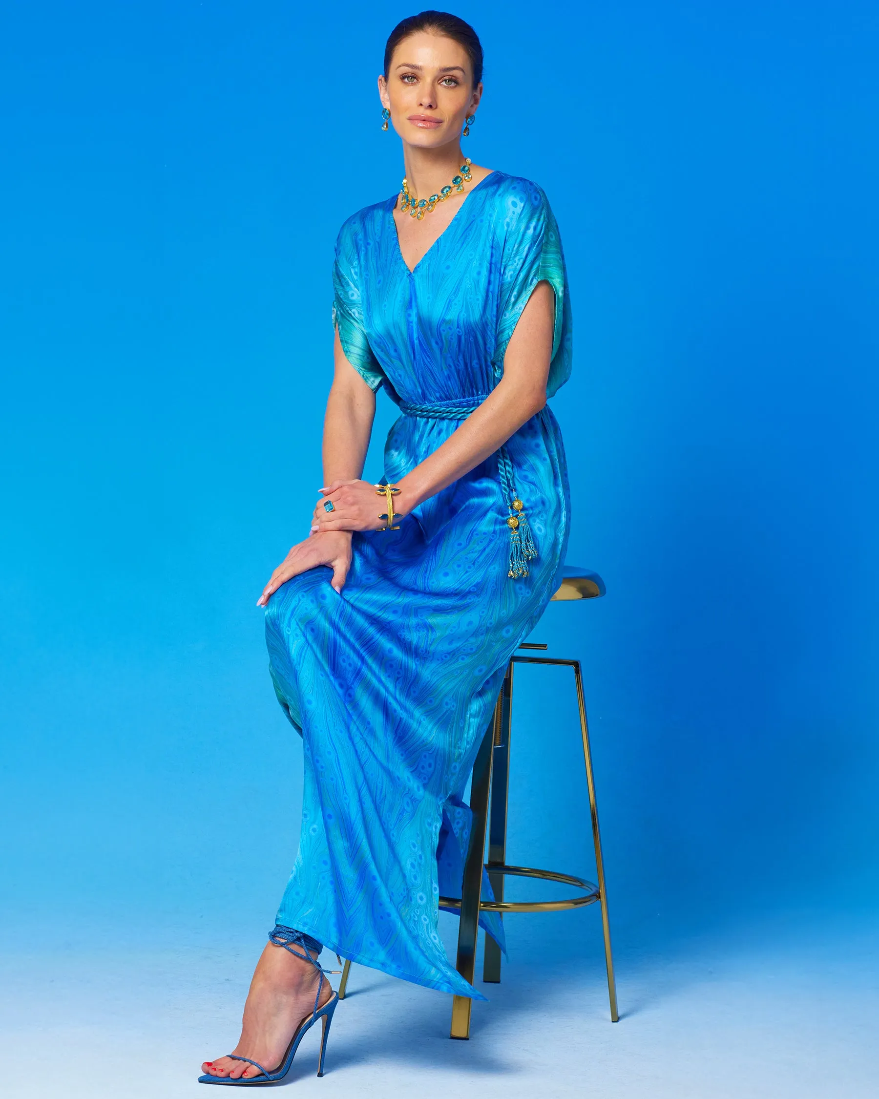 Calliope Long Silk Dress in Sea Nymph Blues