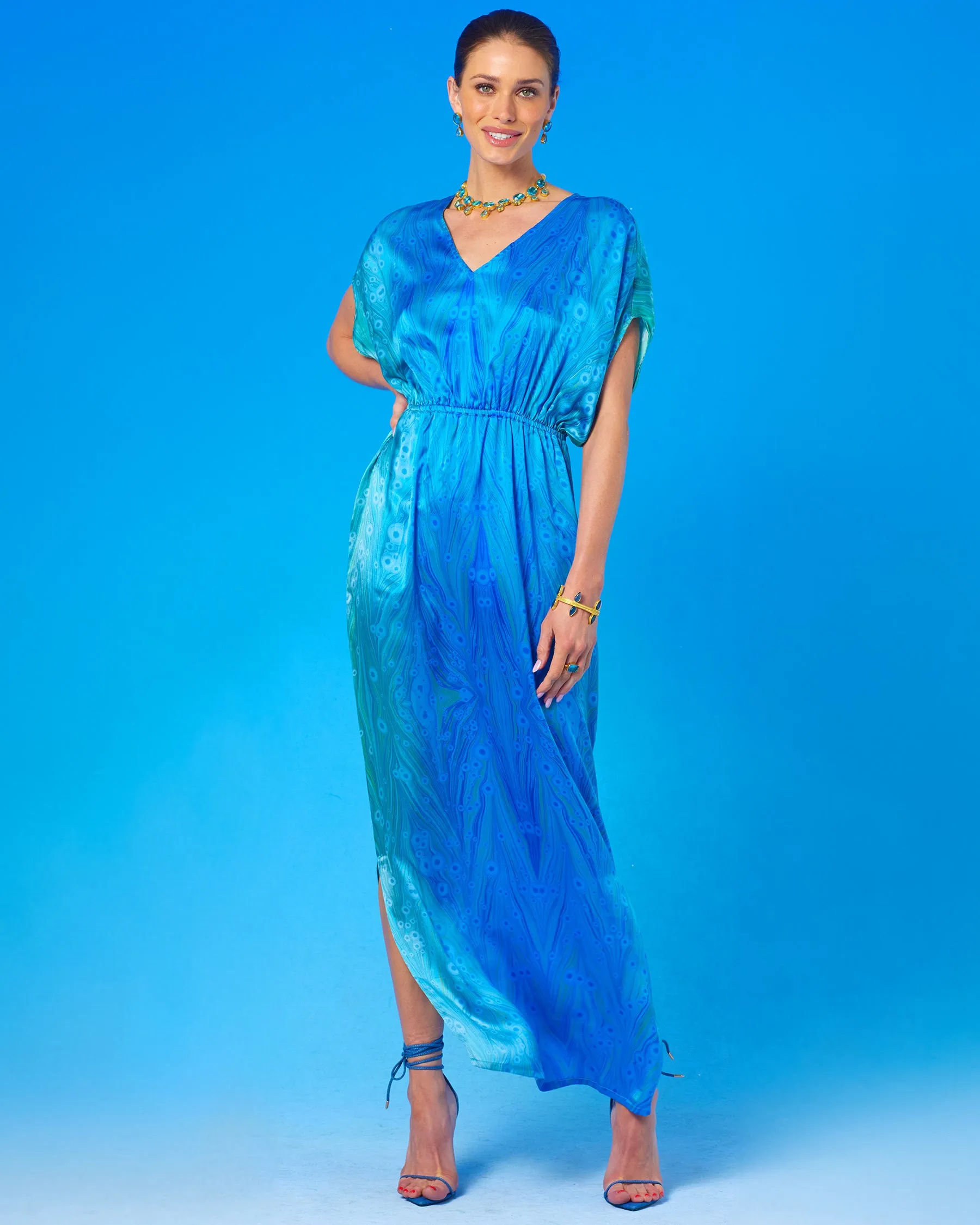 Calliope Long Silk Dress in Sea Nymph Blues