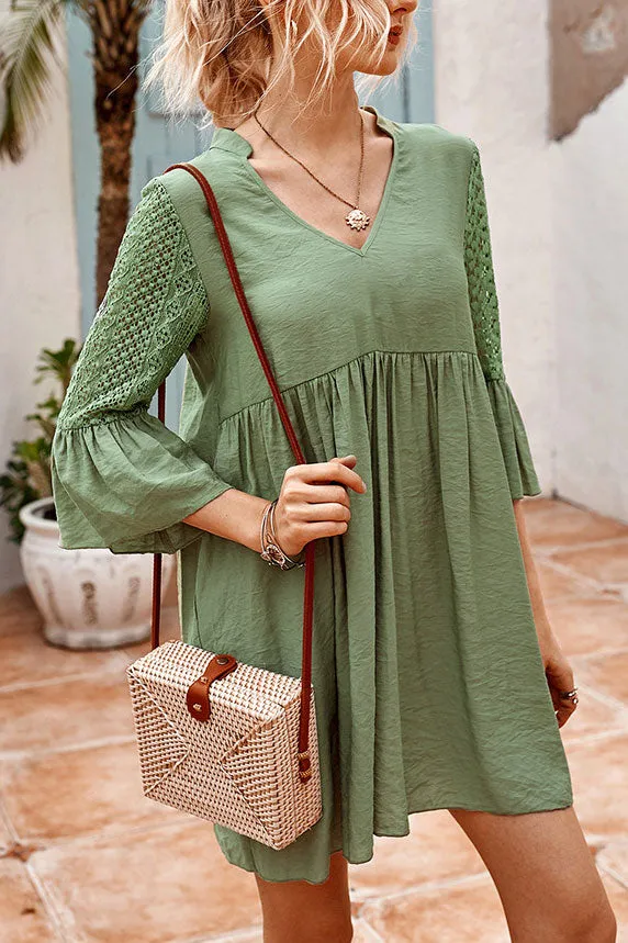 Casual V-neck Lace Panel Tunic Dress