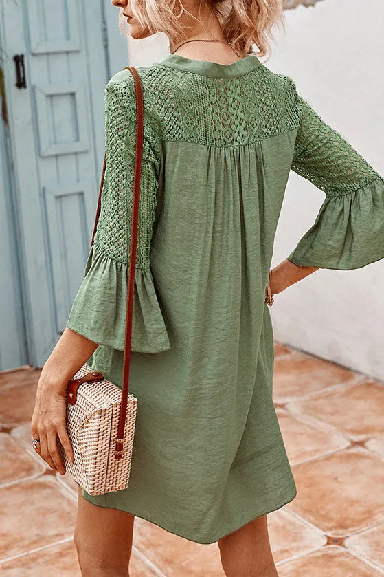 Casual V-neck Lace Panel Tunic Dress