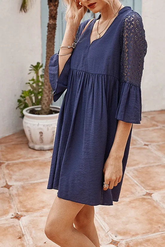 Casual V-neck Lace Panel Tunic Dress