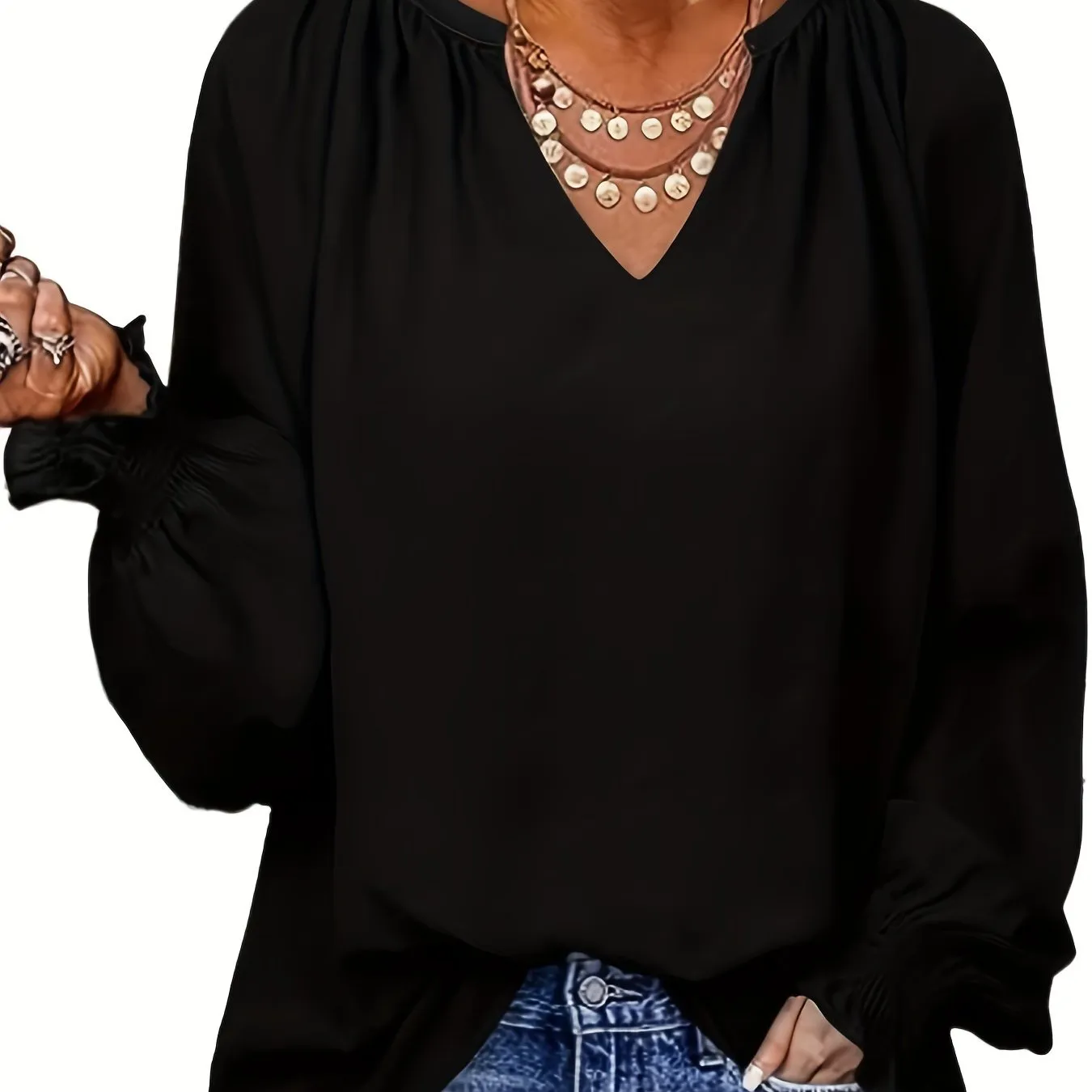 Chic Plus Size Lantern Sleeve Notched Neck Tunic Top