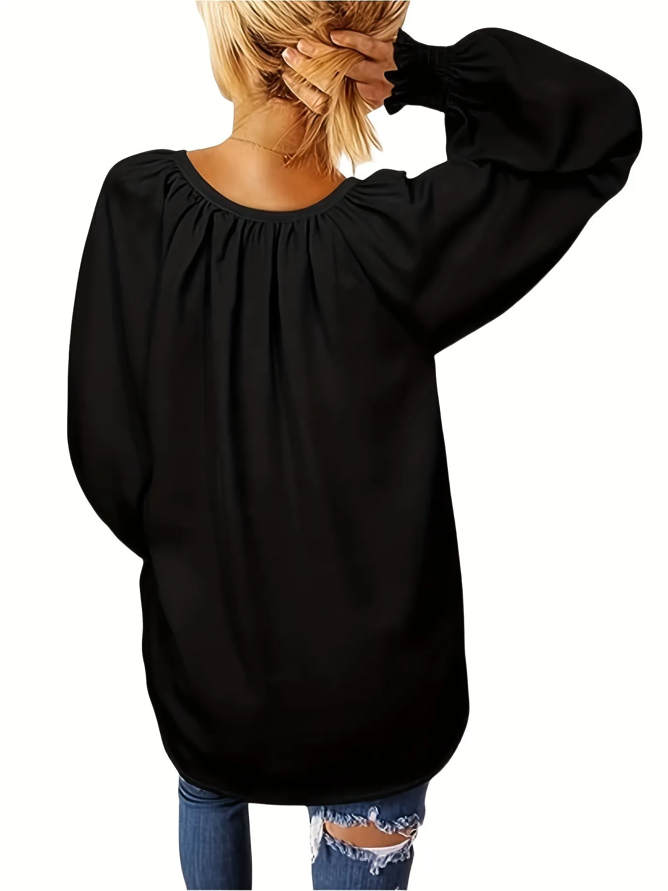 Chic Plus Size Lantern Sleeve Notched Neck Tunic Top