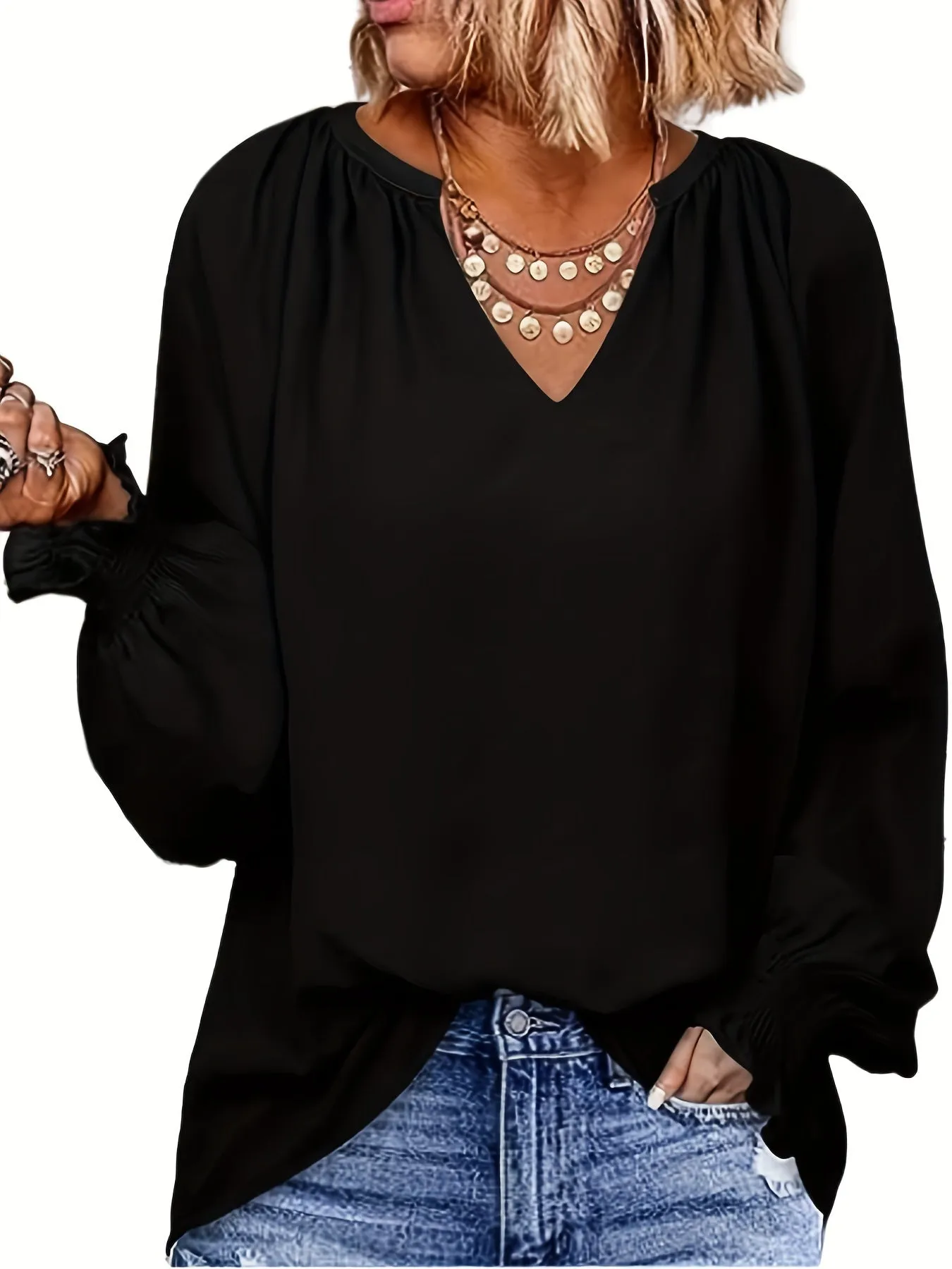 Chic Plus Size Lantern Sleeve Notched Neck Tunic Top