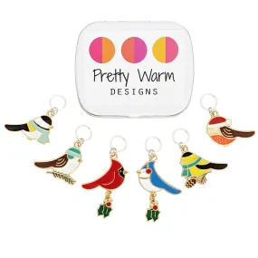 Christmas Bird Stitch Markers Set of 6 with Storage Tin - Ring Style for Knitting