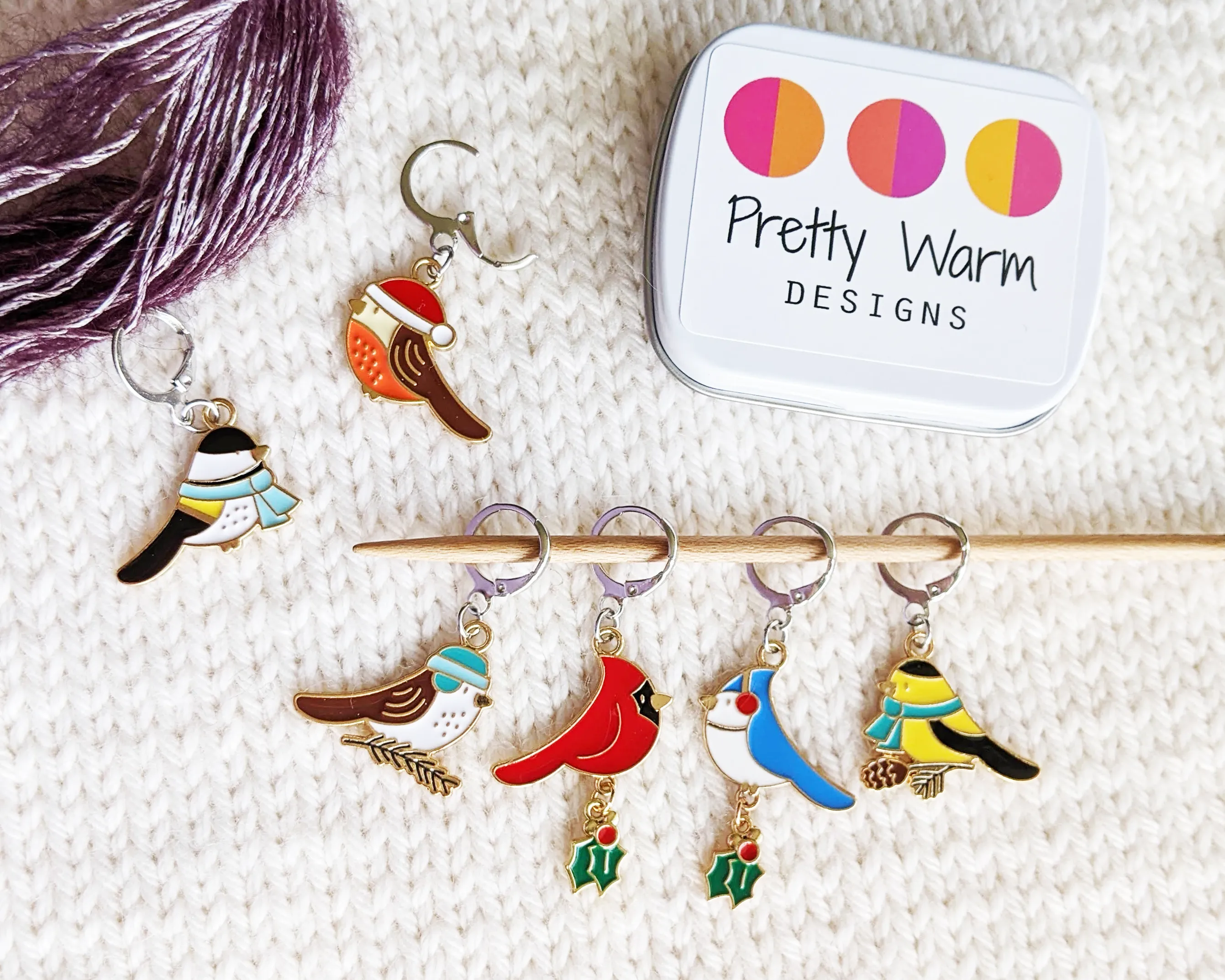 Christmas Birds Locking Stitch Markers Set of 6 with Storage Tin - Crochet Accessories