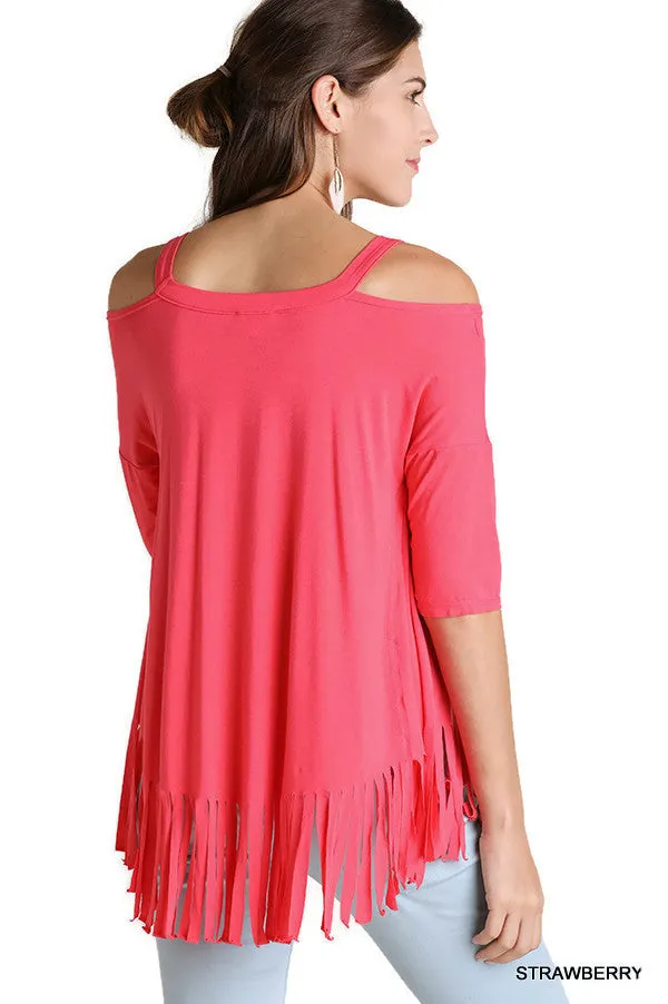 Cold Shoulder Fringe Top, Strawberry