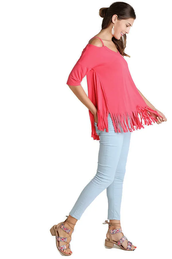 Cold Shoulder Fringe Top, Strawberry