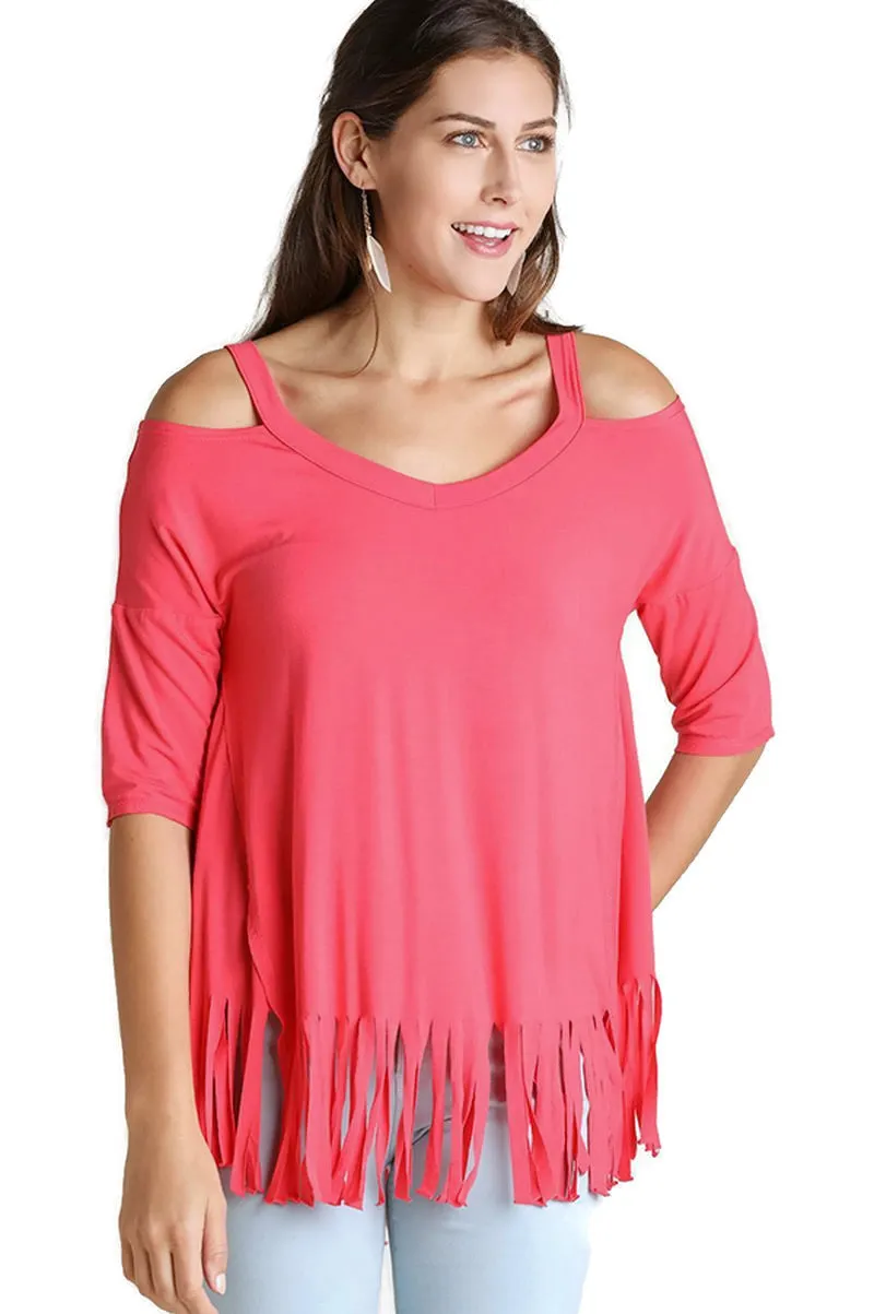 Cold Shoulder Fringe Top, Strawberry