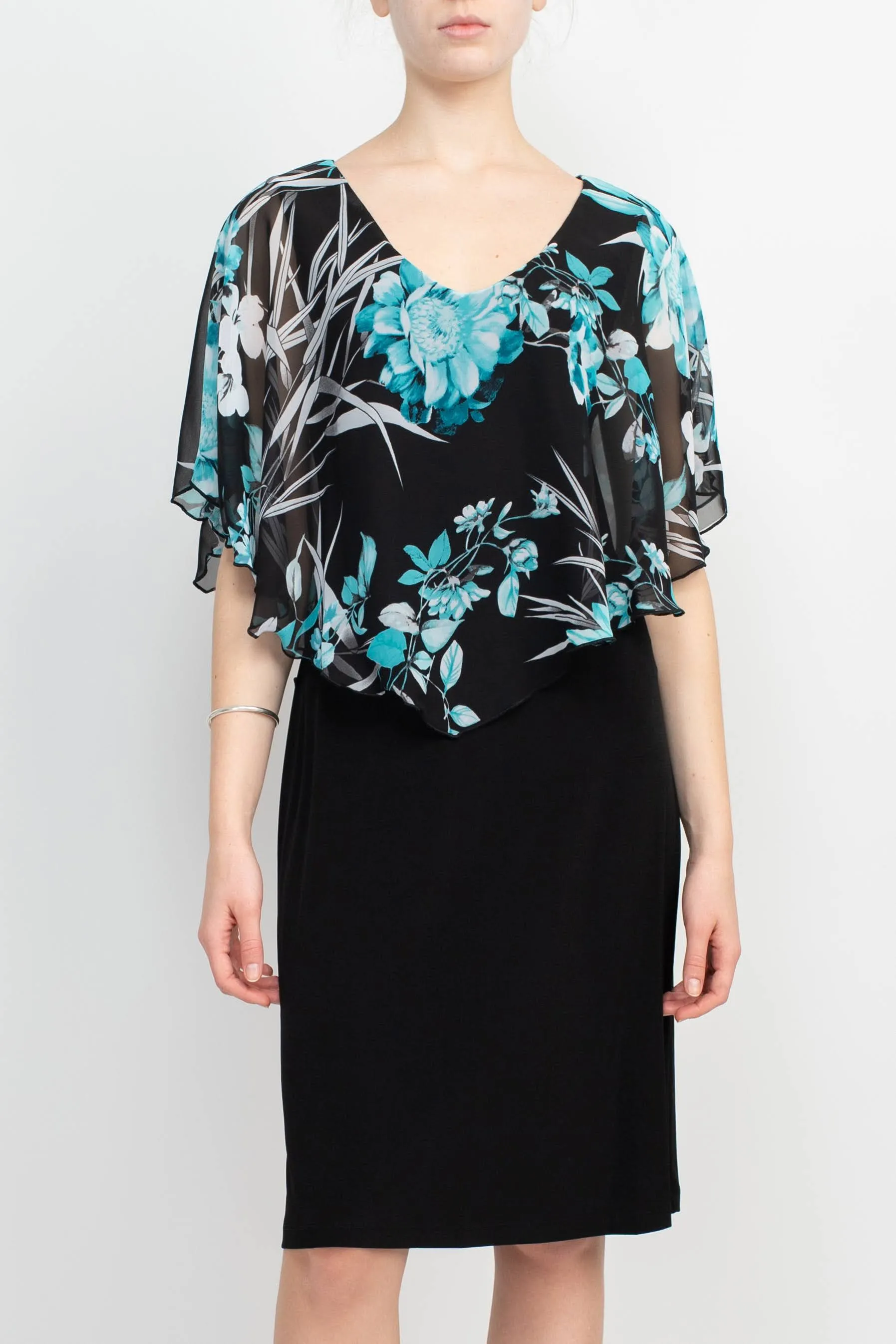 Connected Apparel V-Neck Floral Print Cape Sleeve Chiffon & ITY Dress