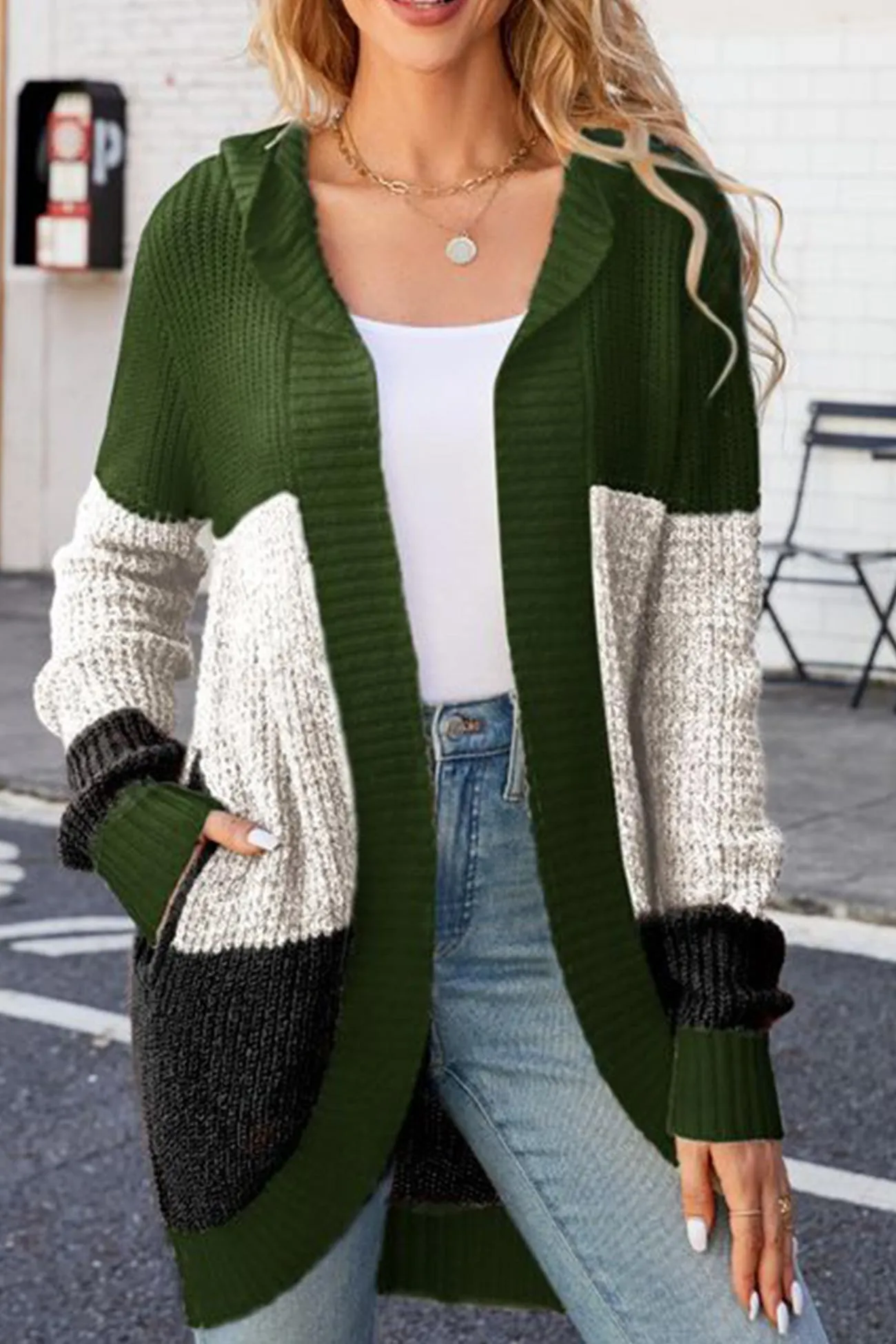 Contrast Patchwork Open Front Hooded Cardigan