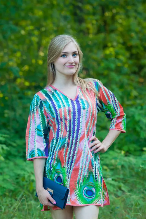 Coral Sun and Sand Style Caftan in Peacock Plumage Pattern