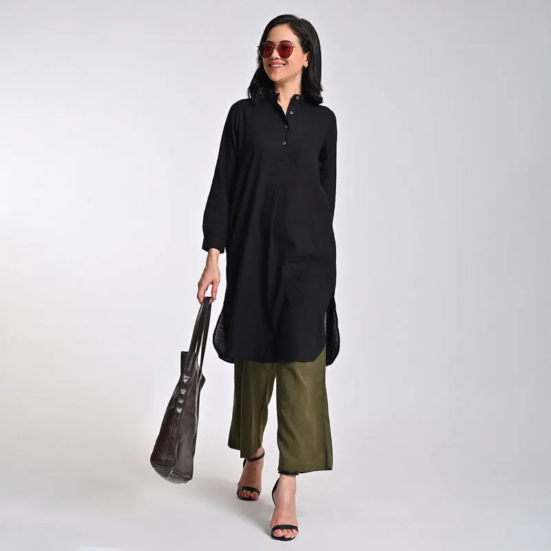 Cotton Solid Co Ord Set For Women | Tunic & Pant | Mandarin Neck | Black & Olive