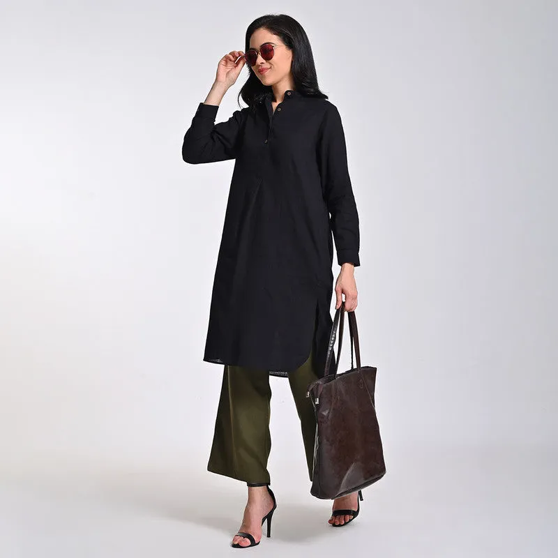 Cotton Solid Co Ord Set For Women | Tunic & Pant | Mandarin Neck | Black & Olive