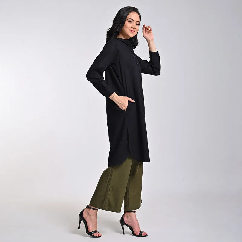 Cotton Solid Co Ord Set For Women | Tunic & Pant | Mandarin Neck | Black & Olive