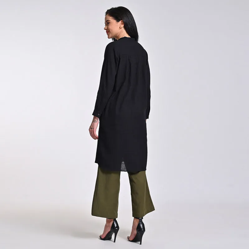 Cotton Solid Co Ord Set For Women | Tunic & Pant | Mandarin Neck | Black & Olive