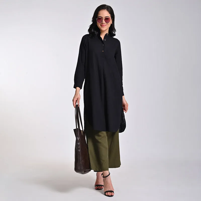 Cotton Solid Co Ord Set For Women | Tunic & Pant | Mandarin Neck | Black & Olive