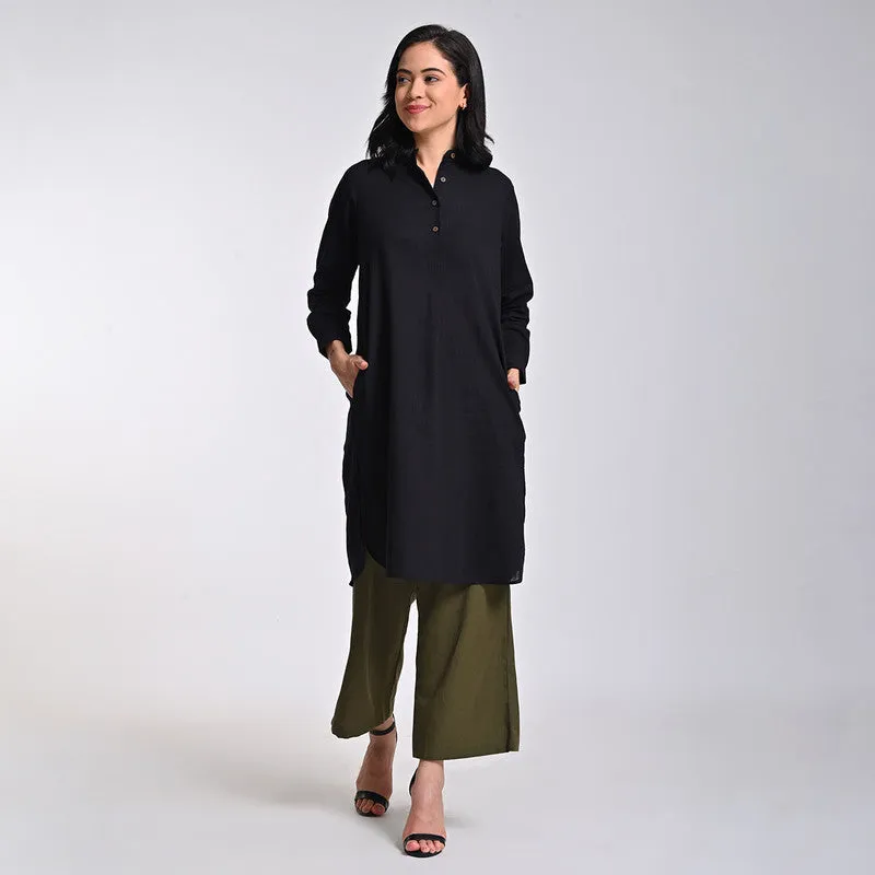 Cotton Solid Co Ord Set For Women | Tunic & Pant | Mandarin Neck | Black & Olive