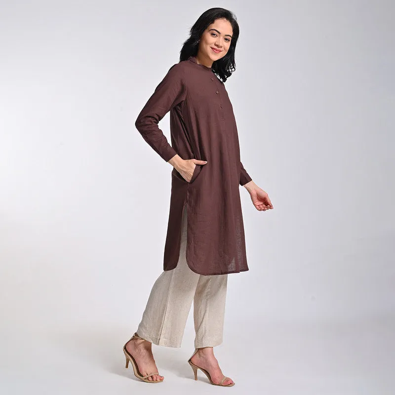 Cotton Solid Co Ord Set For Women | Tunic & Pant | Mandarin Neck | Coffee Brown