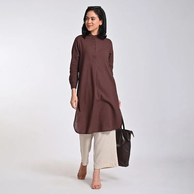 Cotton Solid Co Ord Set For Women | Tunic & Pant | Mandarin Neck | Coffee Brown