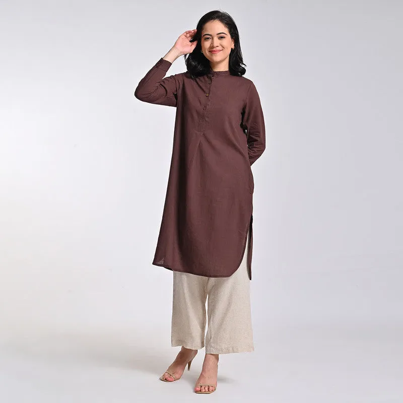 Cotton Solid Co Ord Set For Women | Tunic & Pant | Mandarin Neck | Coffee Brown