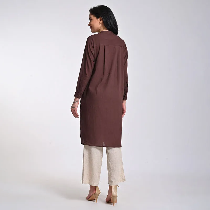 Cotton Solid Co Ord Set For Women | Tunic & Pant | Mandarin Neck | Coffee Brown