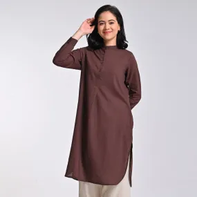 Cotton Solid Tunic For Women | Mandarin Neck | Wrist Length Sleeves | Brown