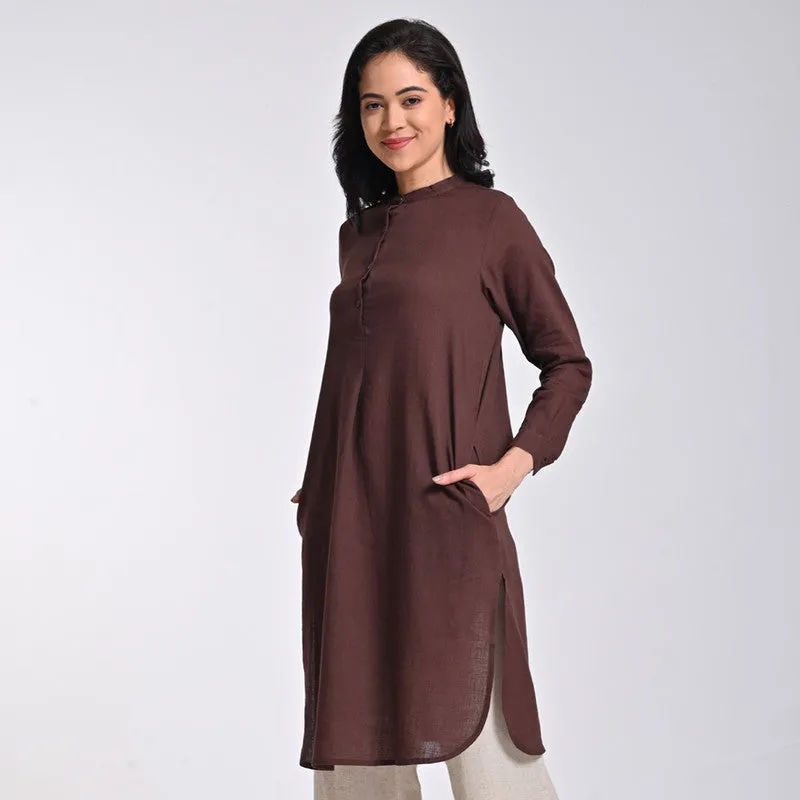 Cotton Solid Tunic For Women | Mandarin Neck | Wrist Length Sleeves | Brown