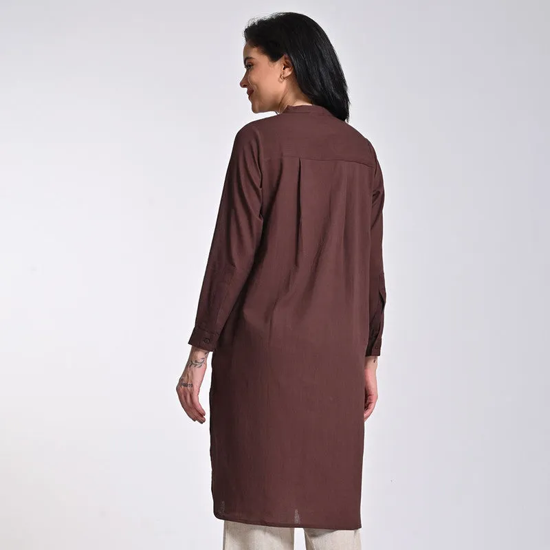 Cotton Solid Tunic For Women | Mandarin Neck | Wrist Length Sleeves | Brown