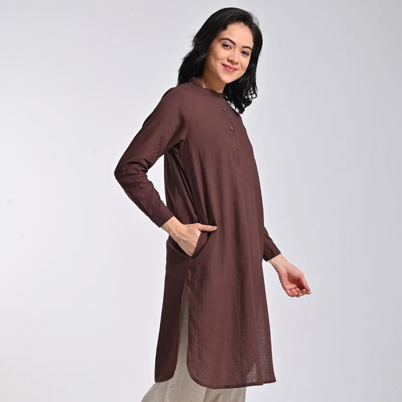 Cotton Solid Tunic For Women | Mandarin Neck | Wrist Length Sleeves | Brown