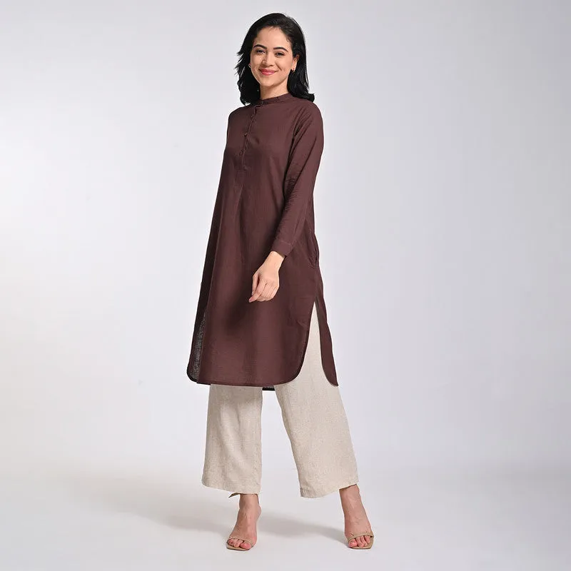 Cotton Solid Tunic For Women | Mandarin Neck | Wrist Length Sleeves | Brown