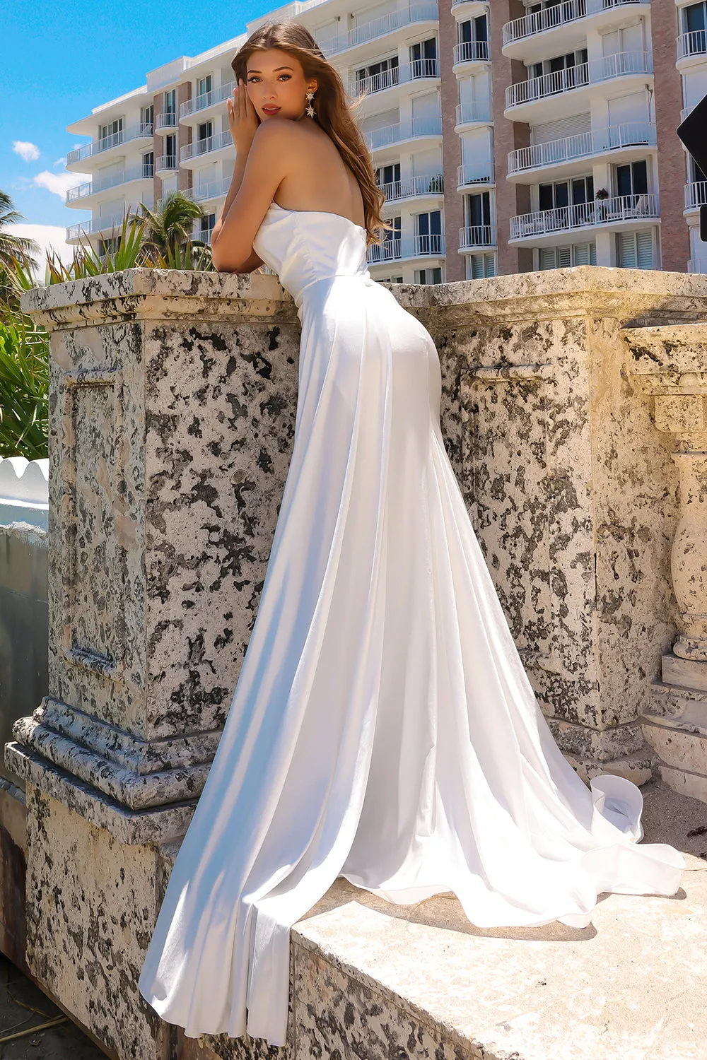 Cowl Neck Open Zipper Back Side Slit Side Cape Long Prom Dress