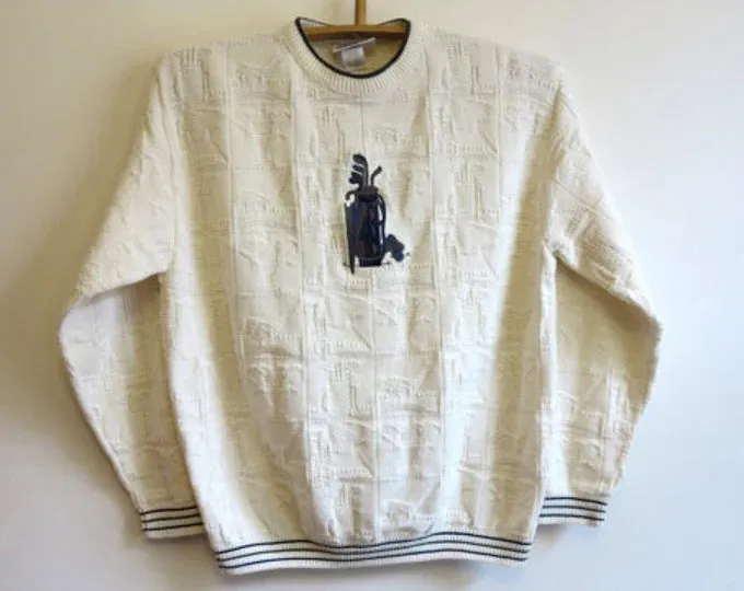 Cream Colored Intricately Knitted Golf-Themed Sweater