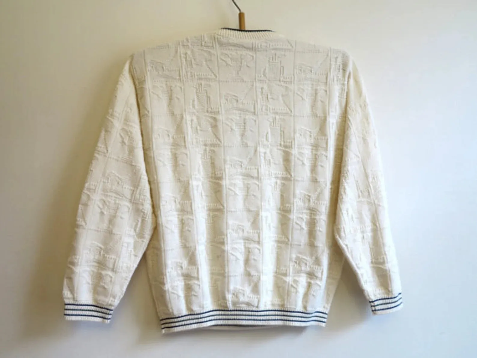 Cream Colored Intricately Knitted Golf-Themed Sweater