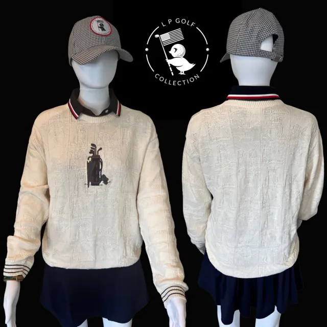 Cream Colored Intricately Knitted Golf-Themed Sweater