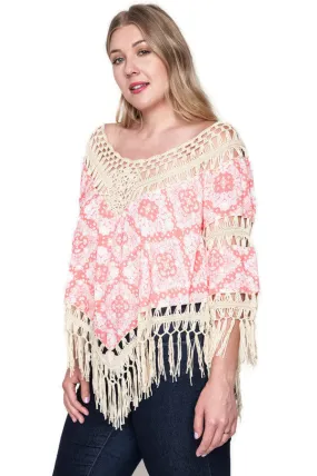 Crochet & Fringe Printed Top, Coral Pink